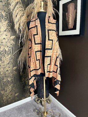 sleeveless black brown geometric pattern fringe africa duster